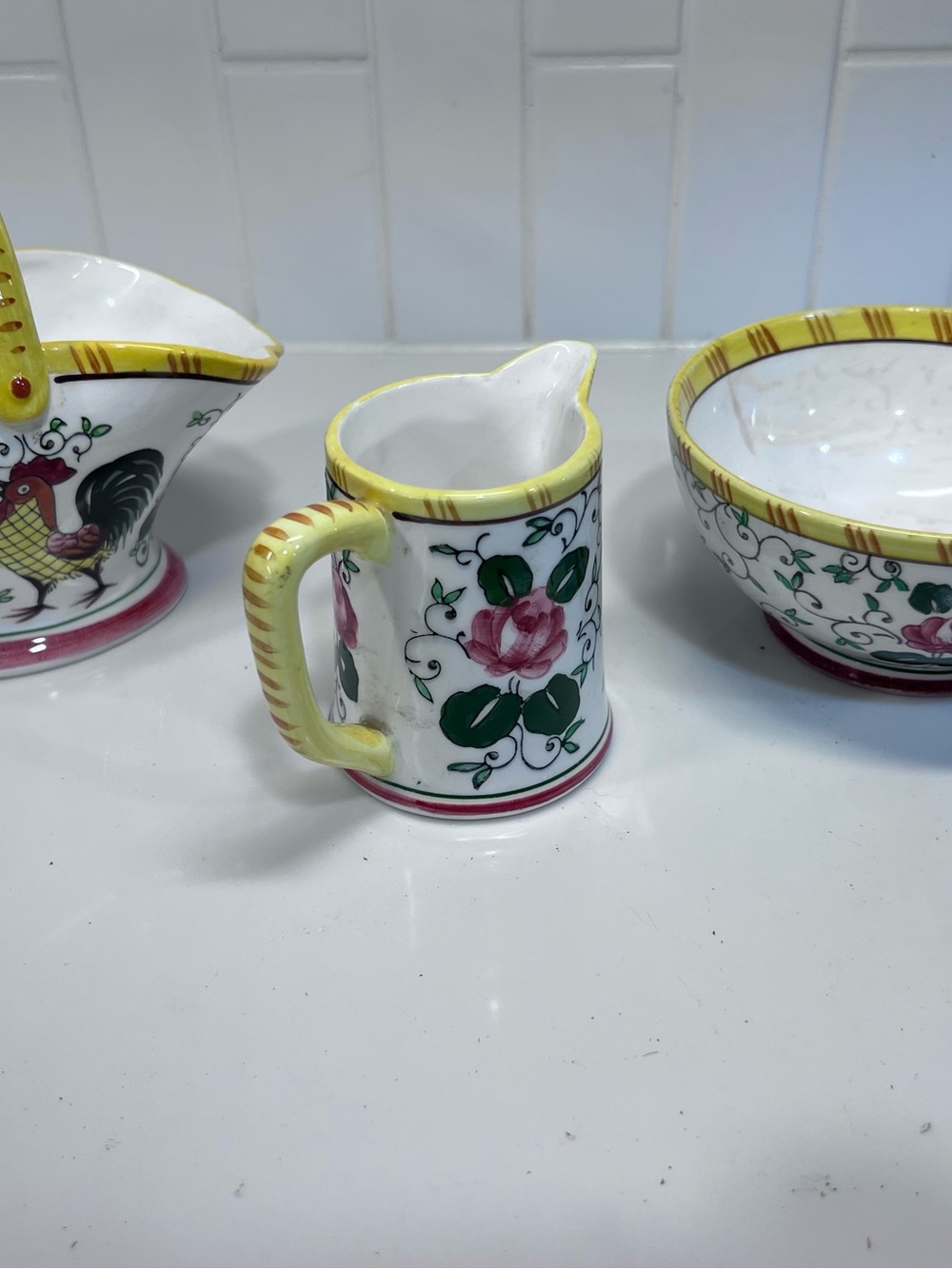 Vintage PY Early Provincial Rooster And Roses Ucago Pitcher Basket & Bowl - Picture 7 of 8